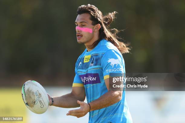 Tino Fa'asuamaleaui during a Gold Coast Titans NRL training session at IKON High Performance Centre on April 19, 2023 in Gold Coast, Australia.