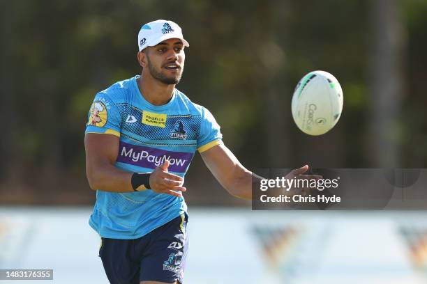 Alofiana Khan-Pereira during a Gold Coast Titans NRL training session at IKON High Performance Centre on April 19, 2023 in Gold Coast, Australia.