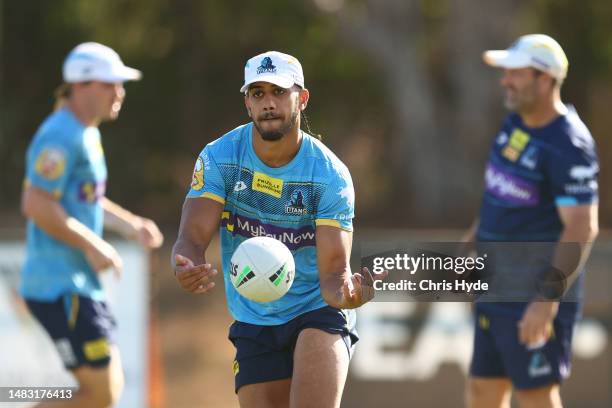 Alofiana Khan-Pereira during a Gold Coast Titans NRL training session at IKON High Performance Centre on April 19, 2023 in Gold Coast, Australia.