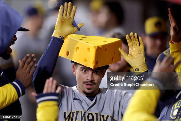 Willy Adames of the Milwaukee Brewers celebrates his home run against the Seattle Mariners during the sixth inning at T-Mobile Park on April 18, 2023...