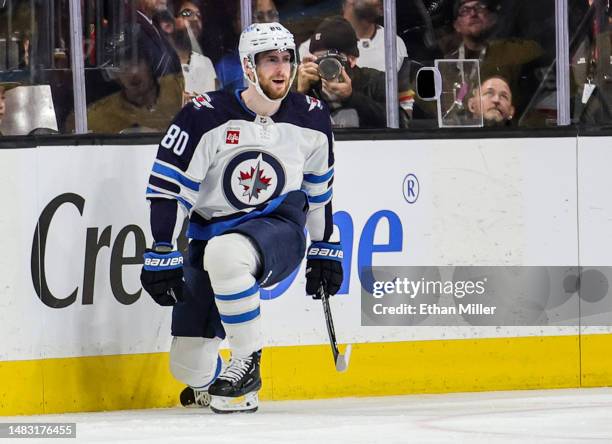 Pierre-Luc Dubois of the Winnipeg Jets celebrates his second-period goal against the Vegas Golden Knights during of Game One of the First Round of...