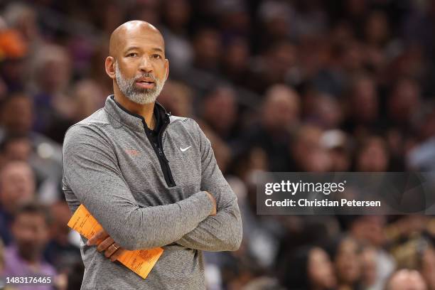 Head coach Monty Williams of the Phoenix Suns looks on during the first half of Game Two of the Western Conference First Round Playoffs at Footprint...