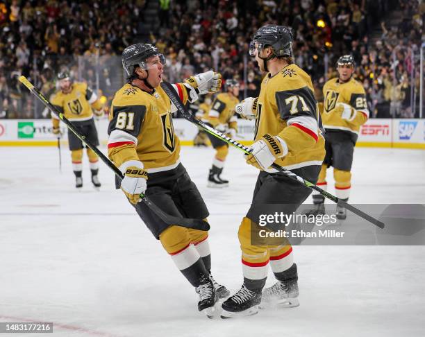 Jonathan Marchessault and William Karlsson of the Vegas Golden Knights celebrate after Marchessault assisted Karlsson on a second-period goal against...