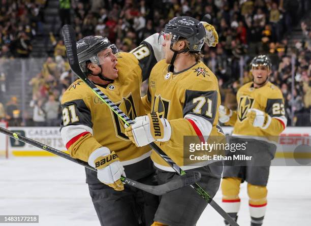 Jonathan Marchessault and William Karlsson of the Vegas Golden Knights celebrate after Marchessault assisted Karlsson on a second-period goal against...
