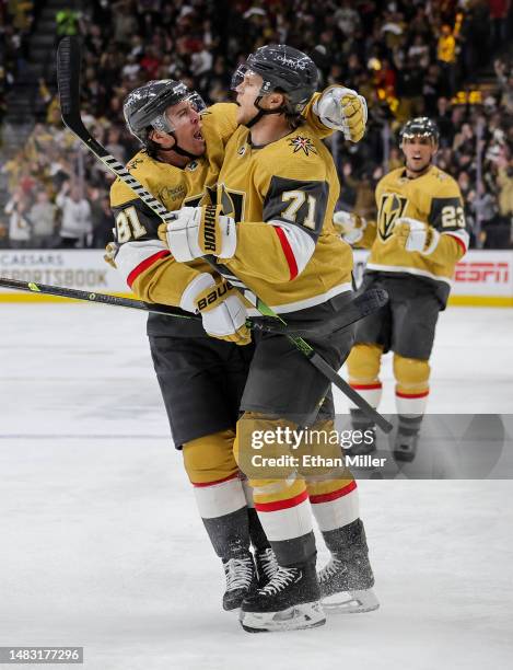 Jonathan Marchessault and William Karlsson of the Vegas Golden Knights celebrate after Marchessault assisted Karlsson on a second-period goal against...