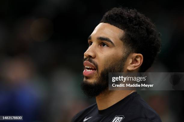 Jayson Tatum of the Boston Celtics looks on before Game Two of the Eastern Conference First Round Playoffs between the Boston Celtics and the Atlanta...
