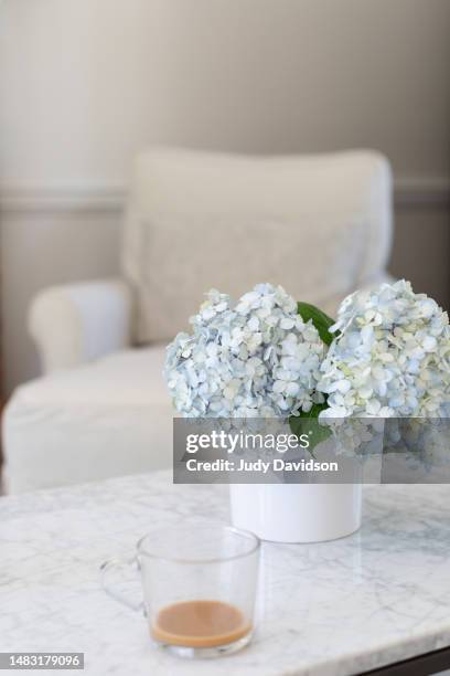 vase of hydrangeas and coffee cup in living room - hydrangea lifestyle stockfoto's en -beelden