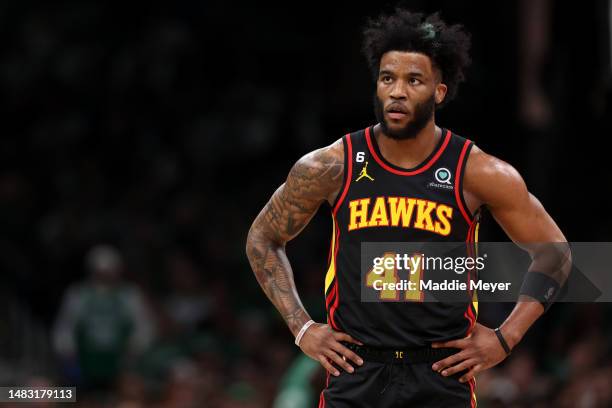 Saddiq Bey of the Atlanta Hawks looks on during the second quarter of Game Two of the Eastern Conference First Round Playoffs between the Boston...