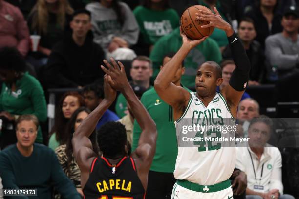 Al Horford of the Boston Celtics takes a shot against Clint Capela of the Atlanta Hawks during the first quarter of Game Two of the Eastern...