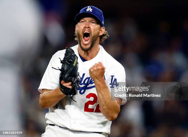 Clayton Kershaw of the Los Angeles Dodgers reacts after making the third out against the New York Mets in the seventh inning at Dodger Stadium on...