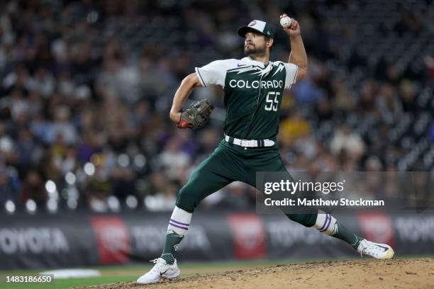 Pitcher Brad Hand of the Colorado Rockies throws against the Pittsburgh Pirates in the eighth inning at Coors Field on April 18, 2023 in Denver,...