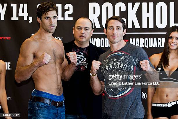 Luke Rockhold and Tim Kennedy face off during the Strikeforce: Rockhold vs Kennedy weigh-in at the Rose Garden on July 13, 2012 in Portland, Oregon.