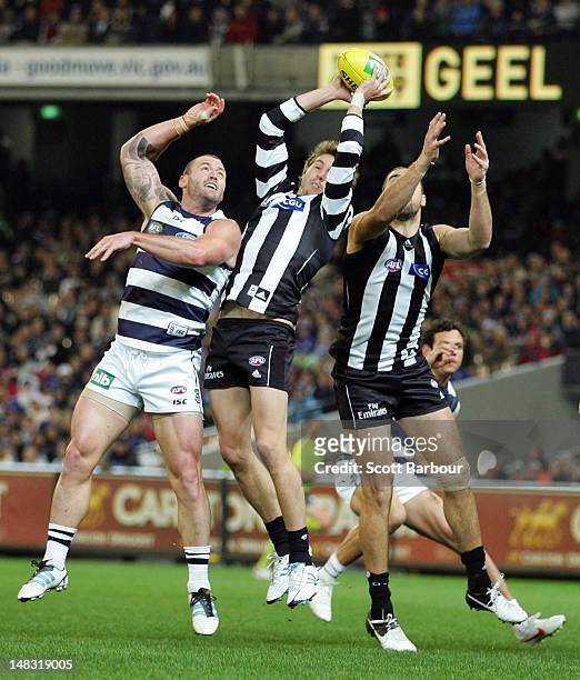 Dale Thomas of the Magpies takes a mark during the AFL Round 16 game between the Geelong Cats and the Collingwood Magpies at the Melbourne Cricket...