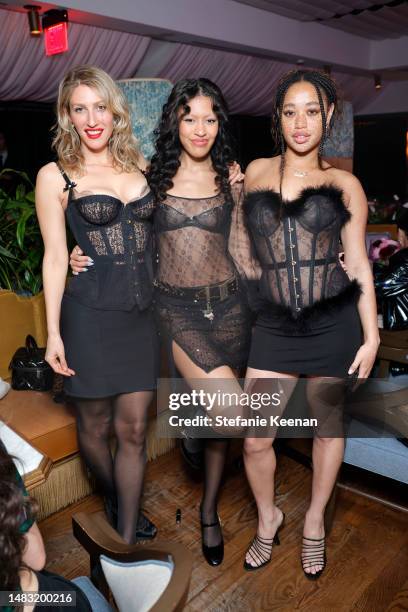 Karley Sciortino, Truly Young, and Salem Mitchell attend Agent Provocateur AP Forever Launch Party with Gabbriette at Olivetta on April 18, 2023 in...