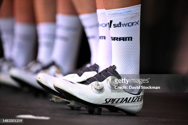 Specialized shoes detail view of Team SD Worx prior to the 26th La Fleche Wallonne Feminine 2023 a 127.3km one day race from Huy to Mur de Huy /...