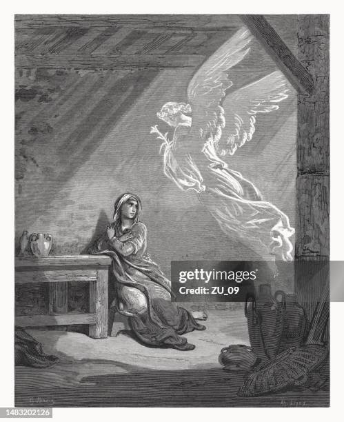 gabriel's annunciation to mary (luke 1), wood engraving, published 1888 - archangel gabriel stock illustrations