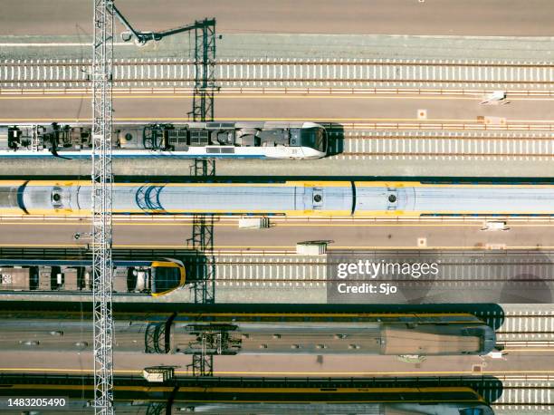 railroad yard in zwolle at the engelse werk park seen from above - commuter train stock pictures, royalty-free photos & images