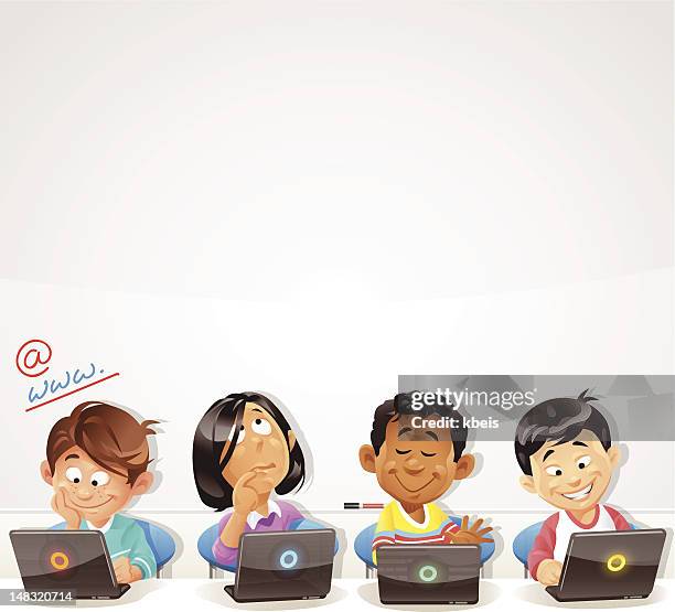 computer training for kids - in front of stock illustrations