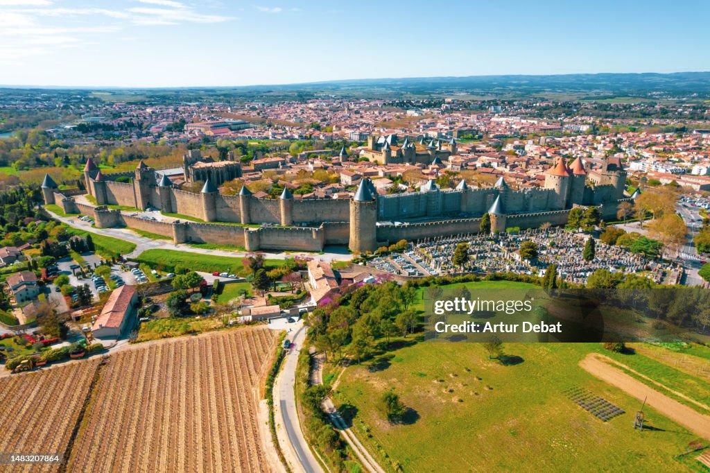 Aerial view of the medieval fort city of Carcassonne in the south of France.
