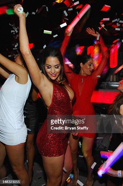 The Bella Twins, Nikki Bella and Brie Bella attend the Tabu Ultra Lounge at the MGM Grand Hotel/Casino on July 13, 2012 in Las Vegas, Nevada.