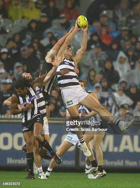 Josh Walker of the Cats competes for the ball during the AFL Round 16 game between the Geelong Cats and the Collingwood Magpies at the Melbourne...