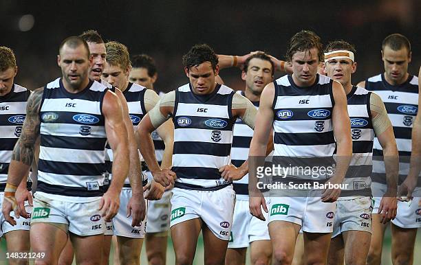 The Cats leave the field at half time during the AFL Round 16 game between the Geelong Cats and the Collingwood Magpies at the Melbourne Cricket...