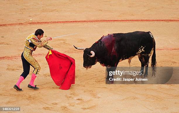 Bullfighter aims his sword at an El Pilar fighting bull to kill it on the fourth day of the San Fermin running-of-the-bulls on July 10, 2012 in...