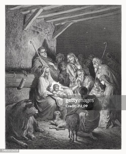 birth of christ (luke 2, 10-12), wood engraving, published 1888 - jesus shepherd stock illustrations