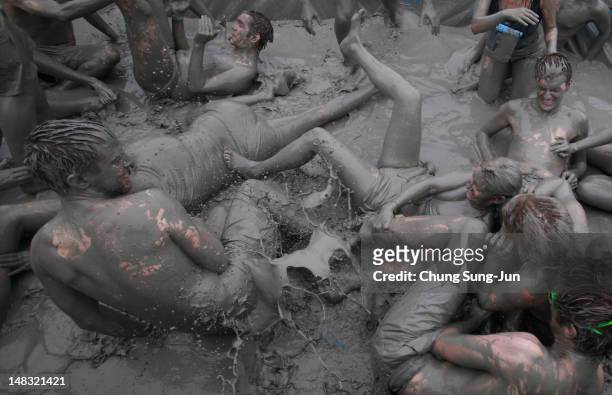 Festival-goers wrestle in the mud during the 15th Annual Boryeong Mud Festival at Daecheon Beach on July 14, 2012 in Boryeong, South Korea. The mud,...