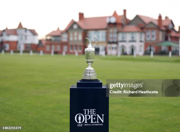 View of the Claret Jug in front of the clubhouse at Royal Liverpool Golf Club on April 19, 2023 in Hoylake, England.