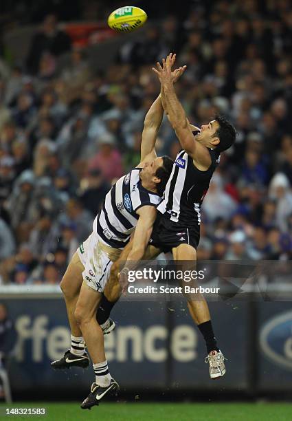 Chris Tarrant of the Magpies takes a mark during the AFL Round 16 game between the Geelong Cats and the Collingwood Magpies at the Melbourne Cricket...