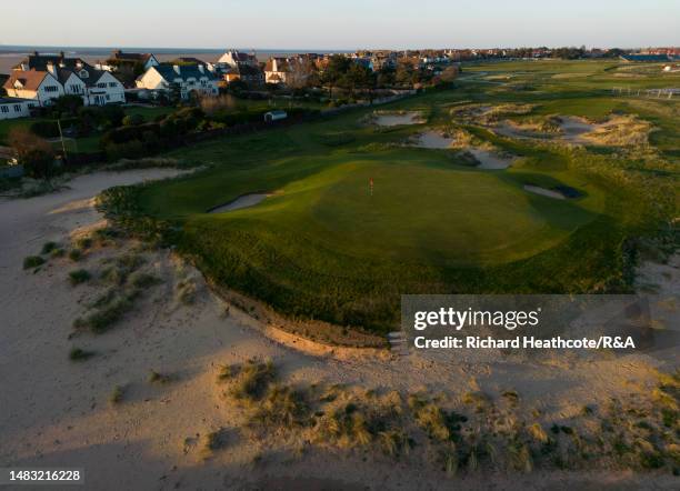 General view of the green on the par 3 17th hole at Royal Liverpool Golf Club on April 19, 2023 in Hoylake, England.