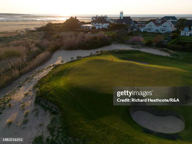 General view of the green on the par 3 17th hole at Royal Liverpool Golf Club on April 19, 2023 in Hoylake, England.