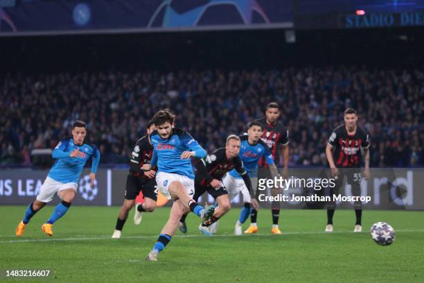 Khvicha Kvaratskhelia of SSC Napoli takes a second half penalty thas was subsequently saved by Mike Maignan of AC Milan during the UEFA Champions...