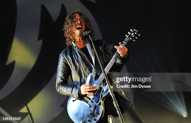 Chris Cornell of American rock group Soundgarden performs live on stage during the first day of Hard Rock Calling, at Hyde Park on July 13, 2012 in...