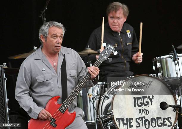 Mike Watt and Toby Dammit of The Stooges perform live on stage during the first day of Hard Rock Calling, at Hyde Park on July 13, 2012 in London,...