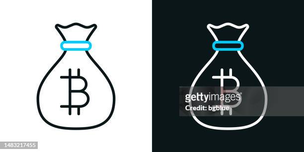 money bag with bitcoin sign. bicolor line icon on black or white background - editable stroke - drawstring bag stock illustrations