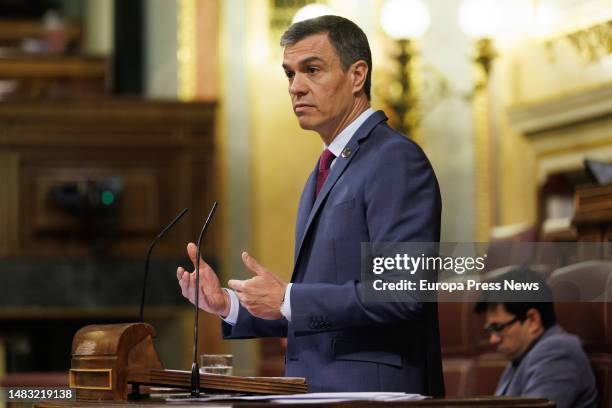 The President of the Government, Pedro Sanchez, speaks during a plenary session at the Congress of Deputies, on 19 April, 2023 in Madrid, Spain....