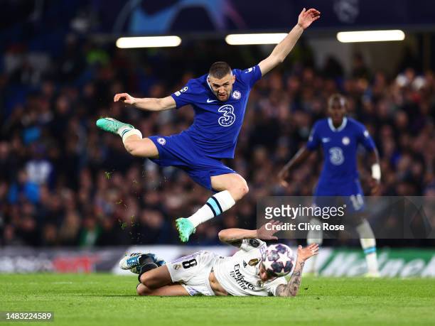 Mateo Kovacic of Chelsea is challenged by Toni Kroos of Real Madrid during the UEFA Champions League quarterfinal second leg match between Chelsea FC...