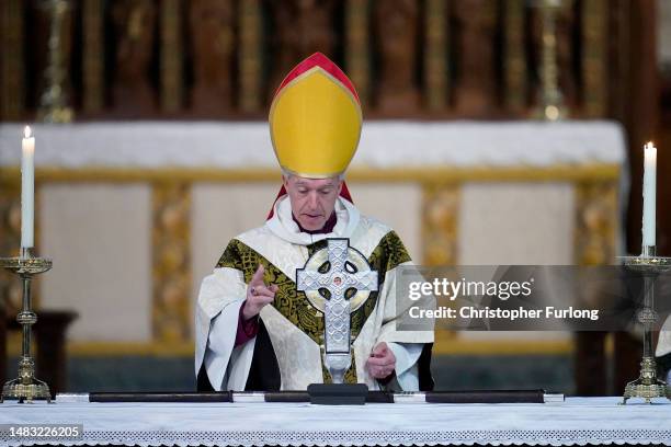 Archbishop Andrew John officiates at Holy Trinity Church, Llandudno, during the blessing of the Cross of Wales on April 19, 2023 in Llandudno, Wales....