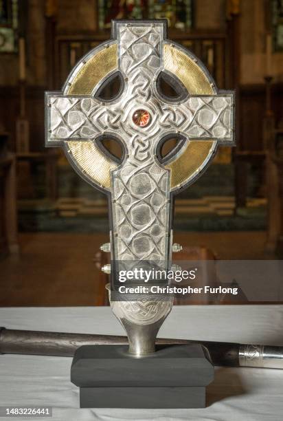 The Cross of Wales stands on the altar at Holy Trinity Church, Llandudno, during its blessing service on April 19, 2023 in Llandudno, Wales. The...