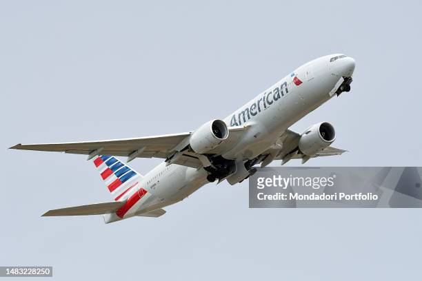 Boeing 777-300 ER N789AN American Airlines during landing, at Leonardo da Vinci airport. Fiumicino , April 18th, 2023