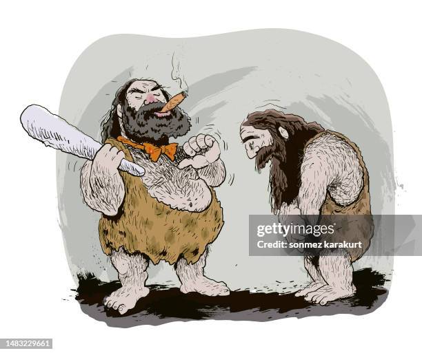capitalist boss caveman and the man who submits to him - caveman stock illustrations