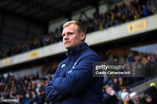 Liam Manning, manager of Oxford United during the Sky Bet League One between Oxford United and Portsmouth at Kassam Stadium on April 18, 2023 in...