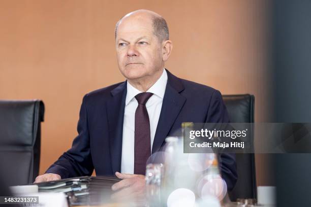 German Chancellor Olaf Scholz arrives for the weekly federal government cabinet meeting on April 19, 2023 in Berlin, Germany. Among topics on the...