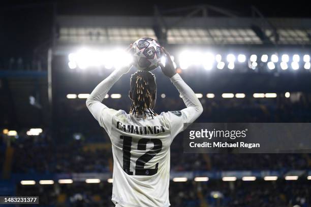 Eduardo Camavinga of Real Madrid takes a throw in during the UEFA Champions League quarterfinal second leg match between Chelsea FC and Real Madrid...