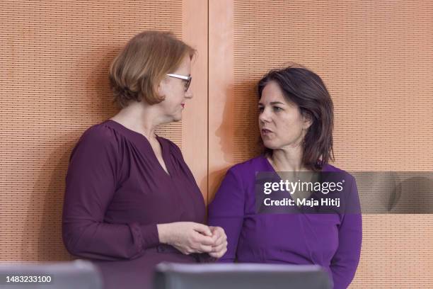 Lisa Paus, Federal Minister for Family Affairs, Senior Citizens, Women and Youth talks to Foreign Minister Annalena Baerbock before the weekly...