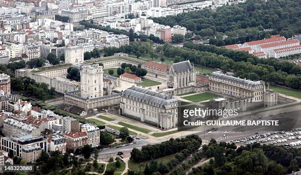 The Chateau de Vincennes is pictured from the cockpit of a French Transal military aircraft, on July 14, 2012 in Vincennes, during the Bastille day...