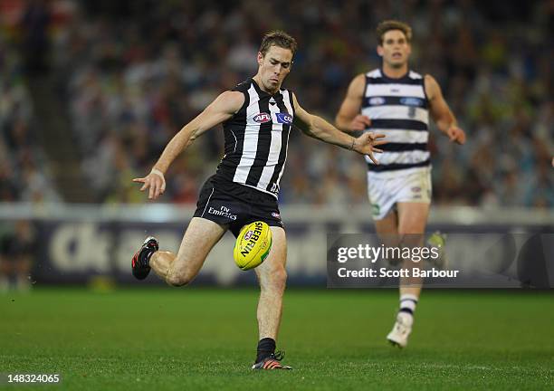 Nick Maxwell of the Magpies kicks the ball during the AFL Round 16 game between the Geelong Cats and the Collingwood Magpies at the Melbourne Cricket...