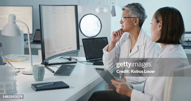 innovation, tablet or computer with a scientist and student in laboratory for research or science. collaboration, medical and study with a team working together in a lab for discovery or breakthrough - healthcare data stock pictures, royalty-free photos & images